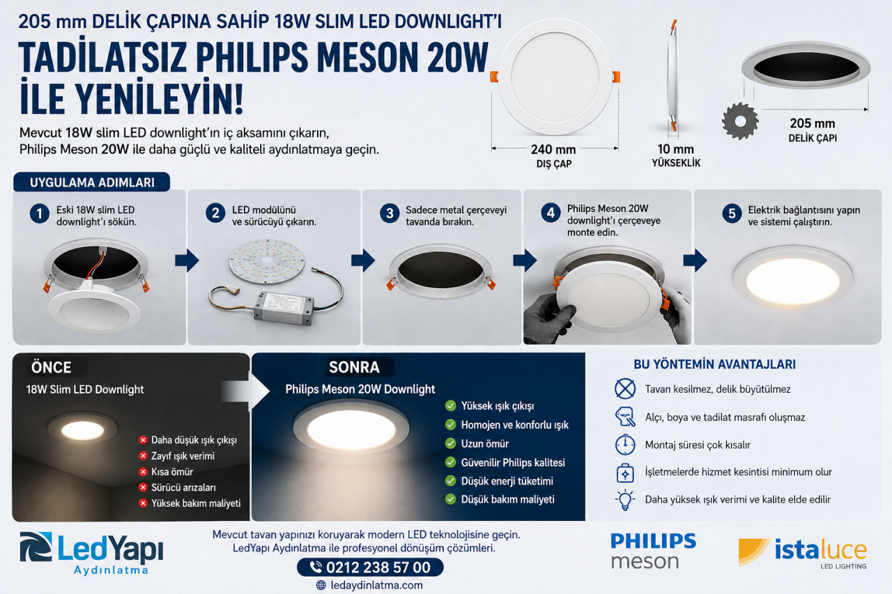 205 mm Delik Çapına Sahip 18W Slim LED Downlight'ı Tadilatsız Philips Meson 20W ile Yenileyin