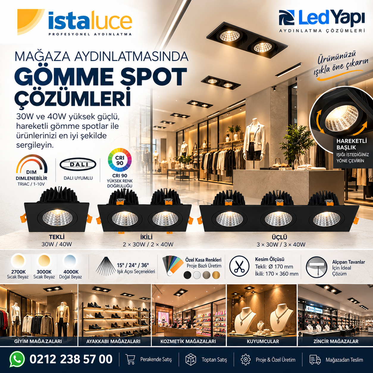 Mağaza Aydınlatmasında Güçlü Alternatif: 30W ve 40W Hareketli Gömme Spot Downlight