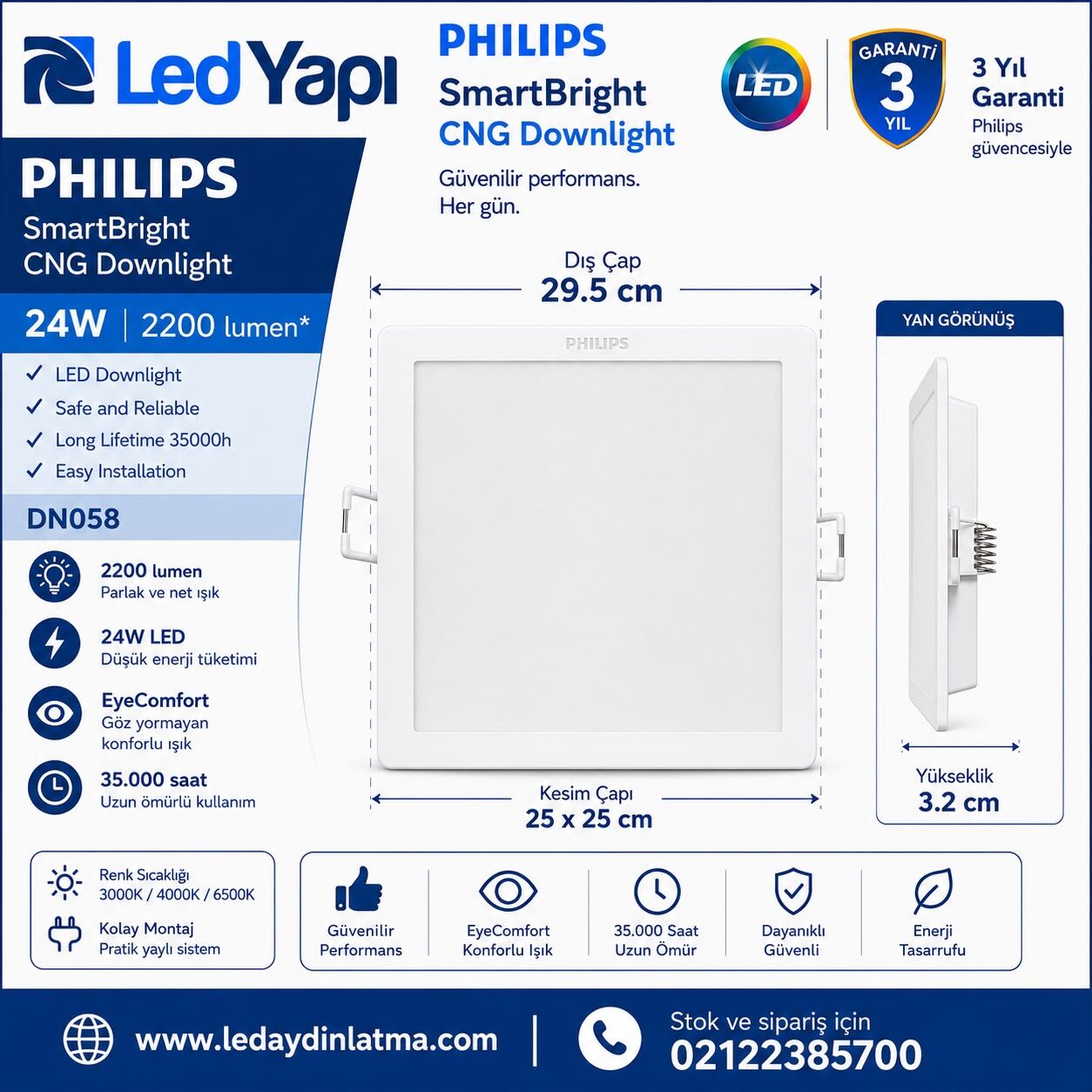 Philips SmartBright CNG Downlight DN058B LED22 KARE 24W 3000/4000/6500K 2045-2200 Lümen 35.000 Saat