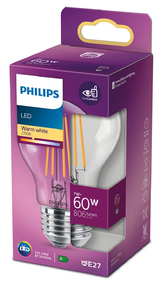 Philips Filament Led Ampul 7w Şeffaf 60 W A60 E27