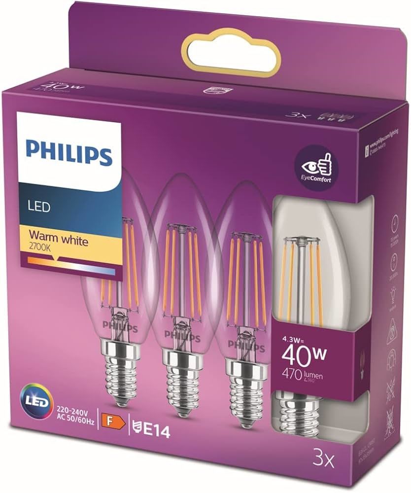 Philips Üçlü Paket Filament Led Mum 4.3w Şeffaf 40 W B35 E14 Ampul
