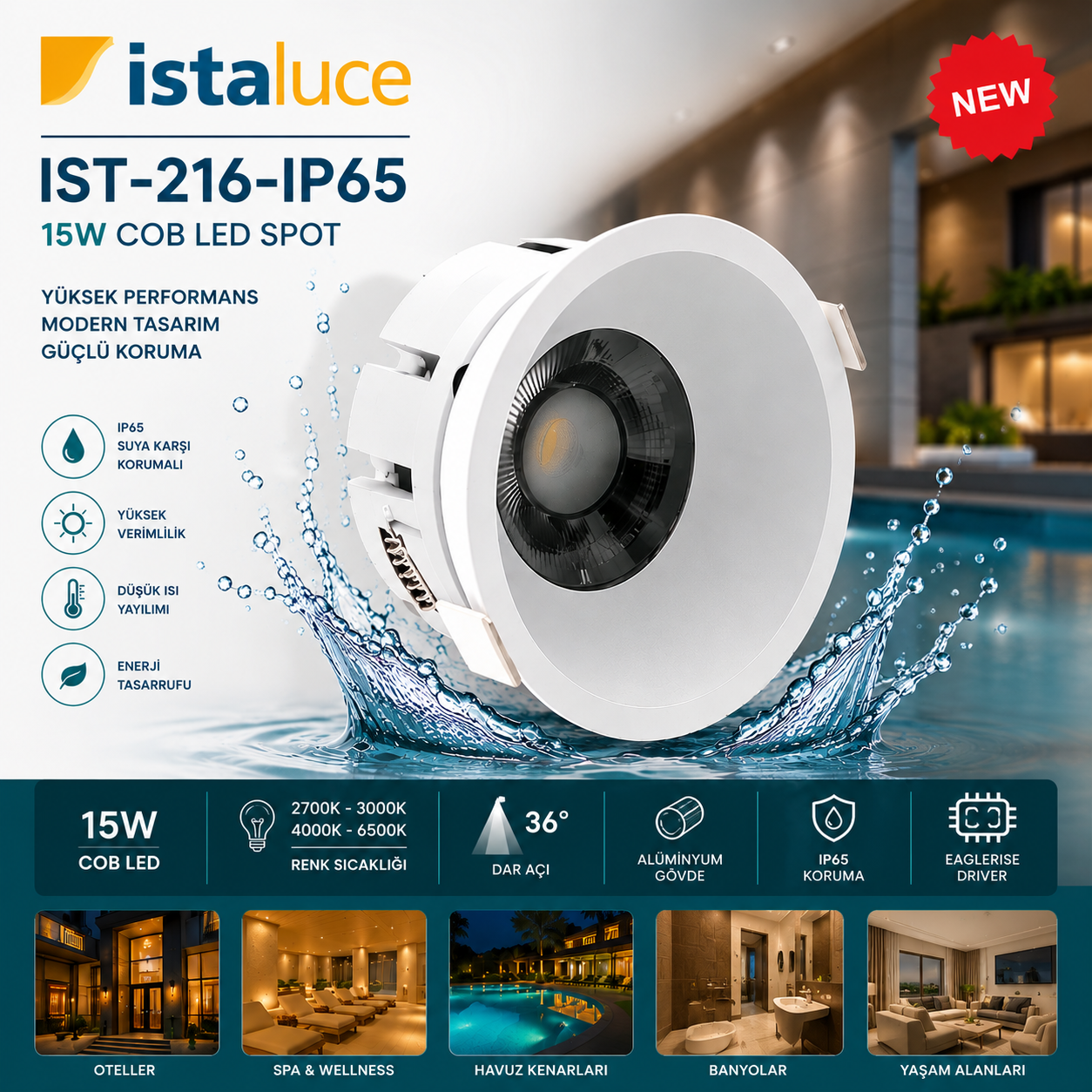 IST-216-IP65 15 WATT LED SPOT SUYA KARŞI KORUMALI