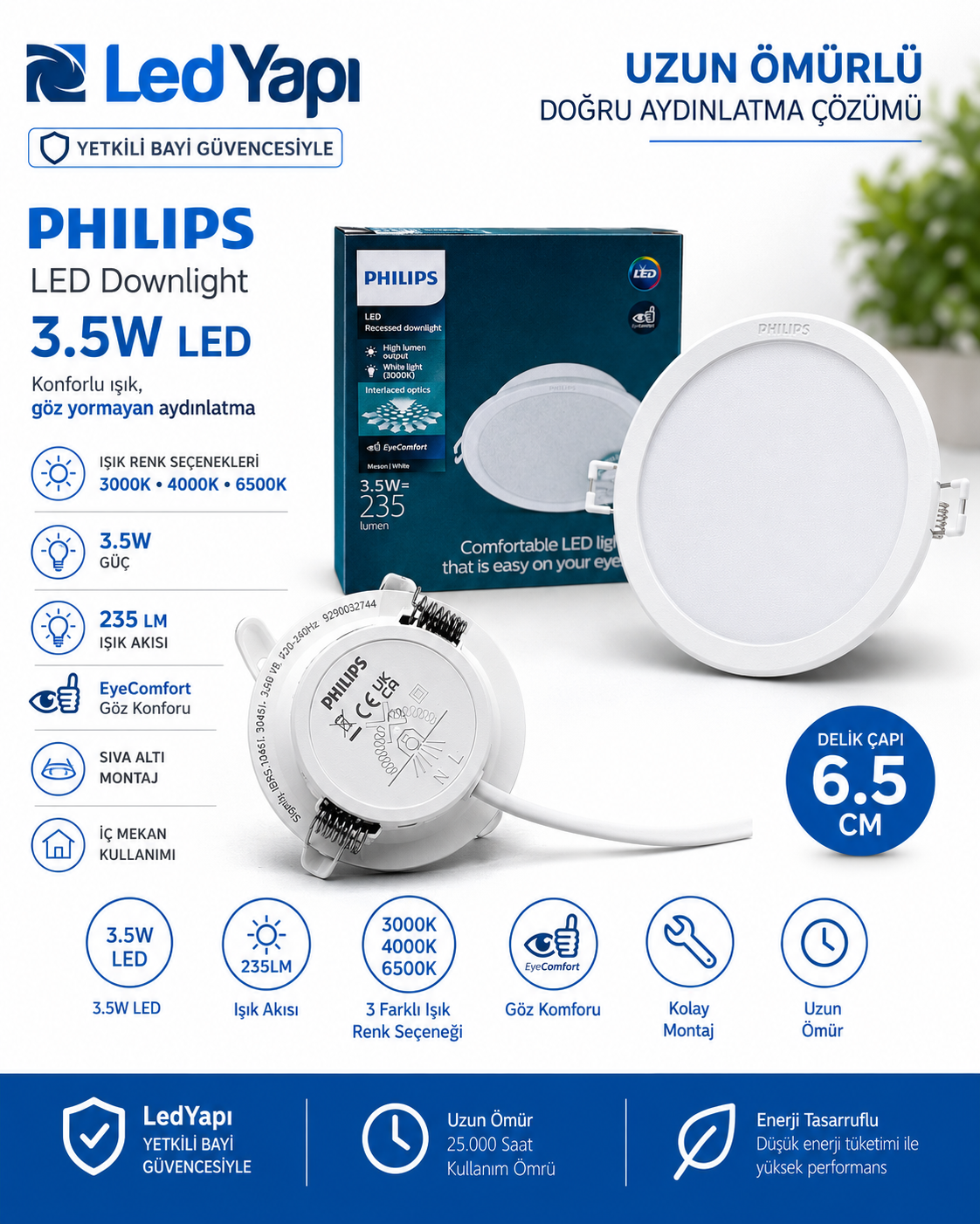 PHILIPS MESON 3,5W SIVA ALTI LED DOWNLIGHT DELİK ÇAPI 8 CM