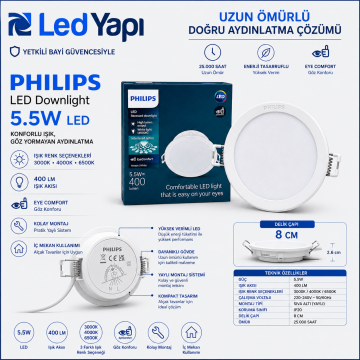 PHILIPS MESON 5.5 WATT  SIVA ALTI LED DOWNLIGHT DELİK ÇAPI 8 CM